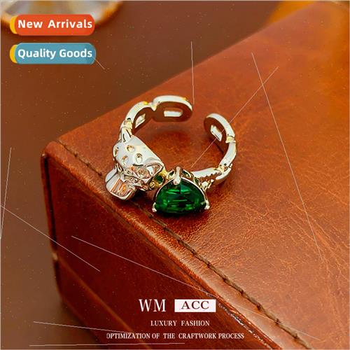 Electroplated green zirconia leopard head open ring metal in