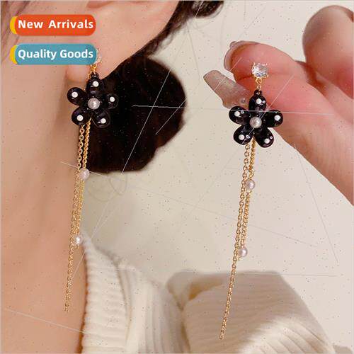 Fashion black flower tassel earrings s925 silver pin delicat