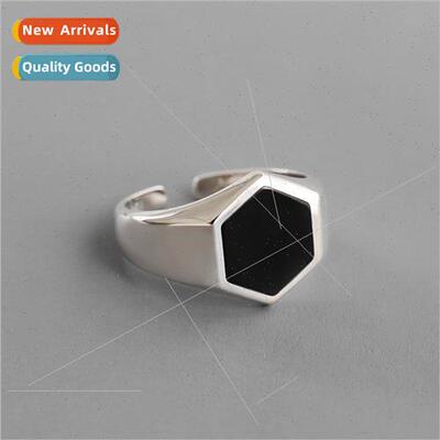 Black Hexagonal Ring Fashion Drip Geometric Opening Index Fi