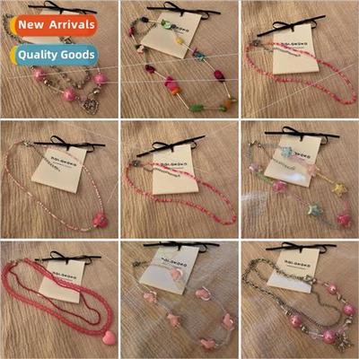 Dopamine Pink Butterfly Flower Patchwork Necklace che Sweet