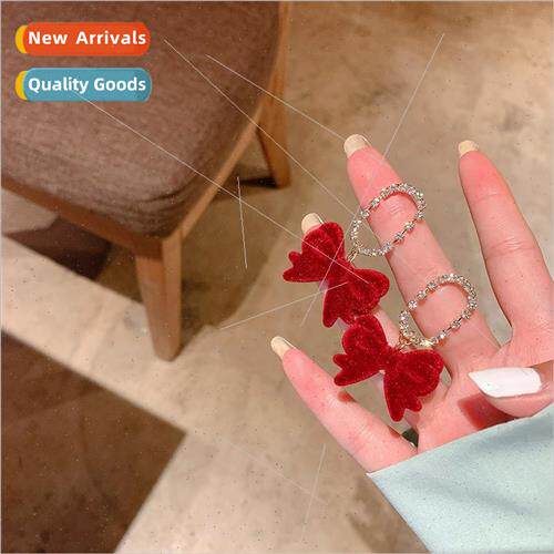 S925 silver needle burgundy velvet bow new fall winter earri