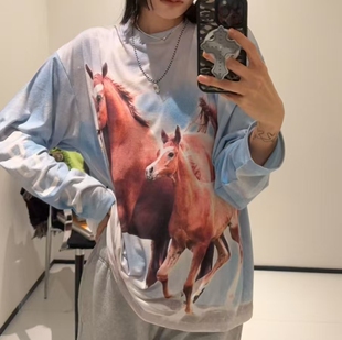 高品原定 小众YY马年限定晕染涂鸦宽松套头长袖T恤上衣女26早春