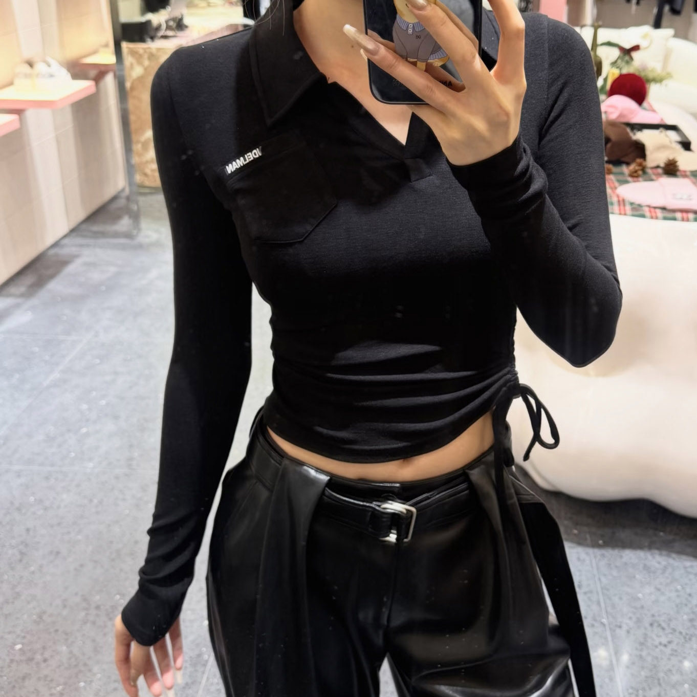 高品原定 口袋字母刺绣皱褶抽绳斜领polo长袖修身显瘦T恤女26早春