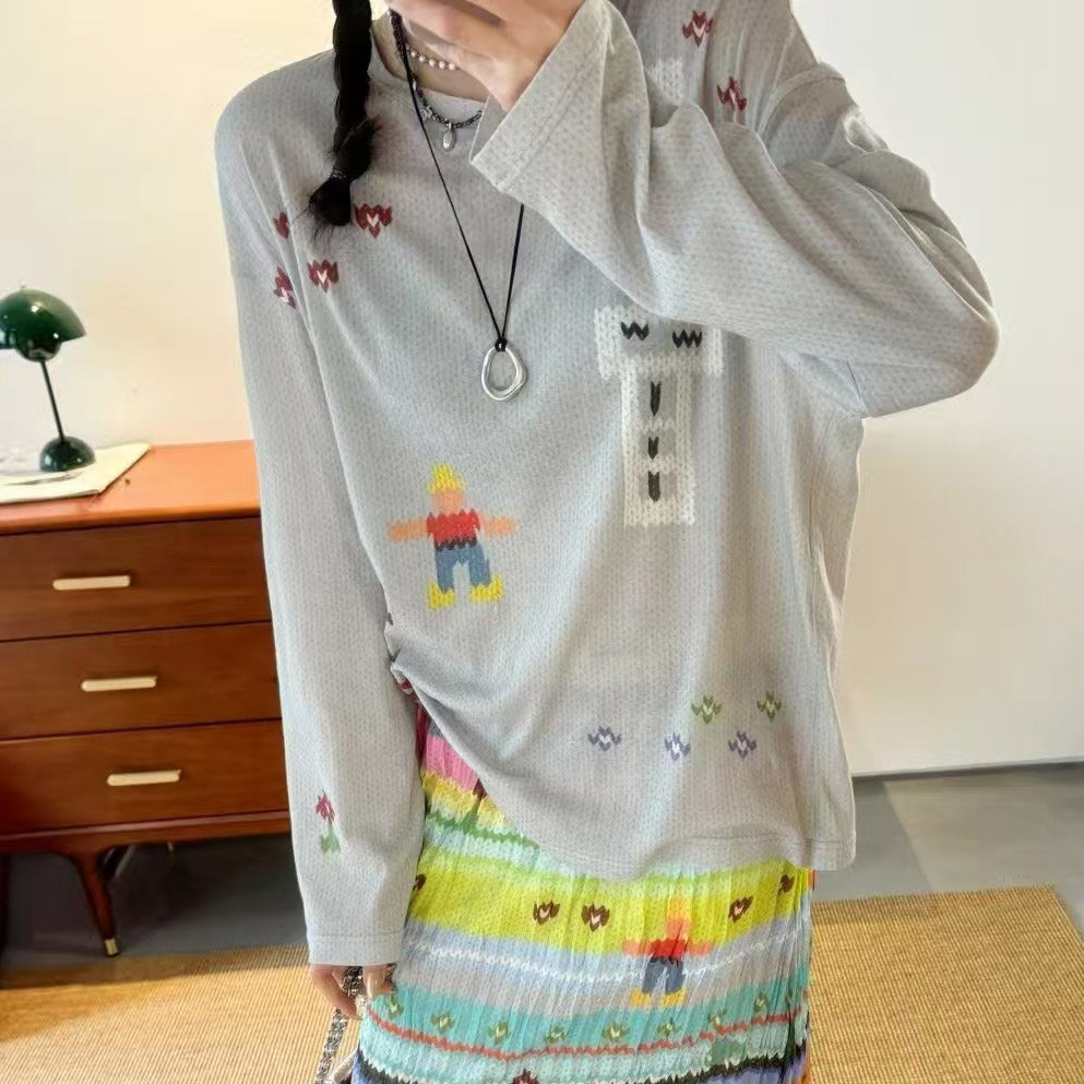 高品质 仿毛衣卡通印花像素小人薄款宽松长袖T恤防晒上衣女25春夏