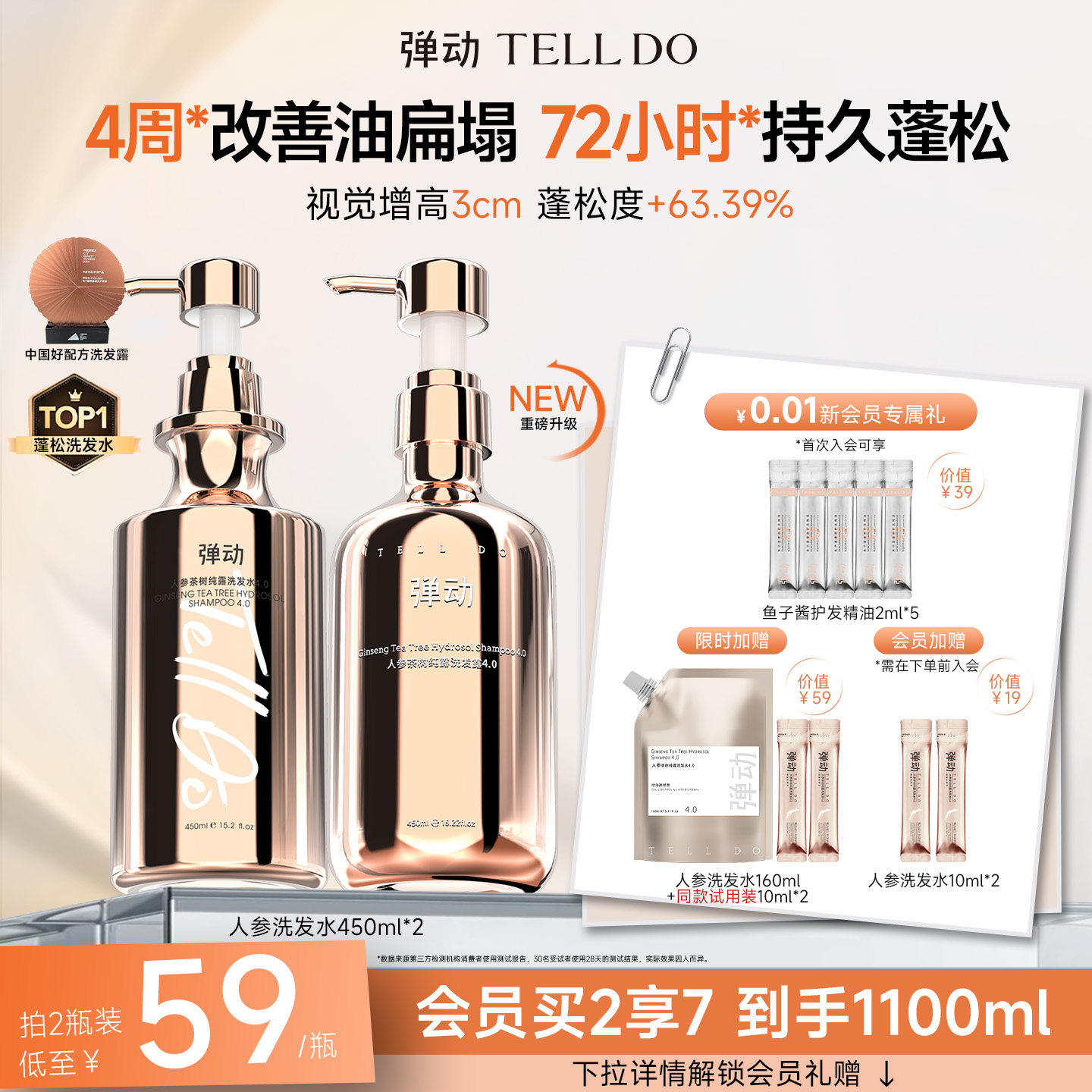 弹动人参洗发水控油蓬松去屑修护洗头膏洗发露品牌正品官方旗舰店