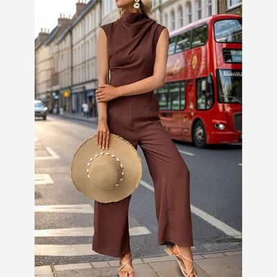 无袖纯色荡领长裤连体裤