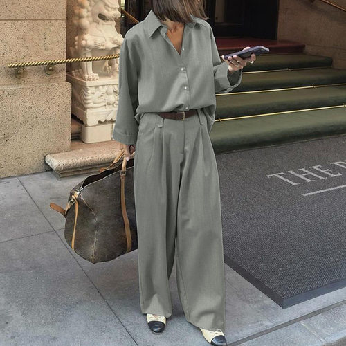 长袖衬衫长裤女通勤套装