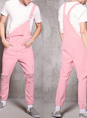 Onepiece work overalls粉色复古男士牛仔长裤破洞连体工装背带裤