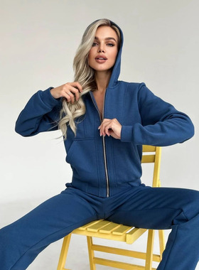 Fleece hoodie pantsuit秋冬加绒连帽长袖卫衣长裤运动休闲套装女