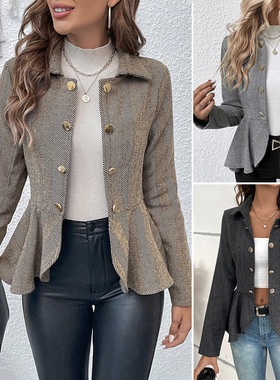 Slim-fit suit jacket with lapels翻领荷叶边修身通勤小西装外套