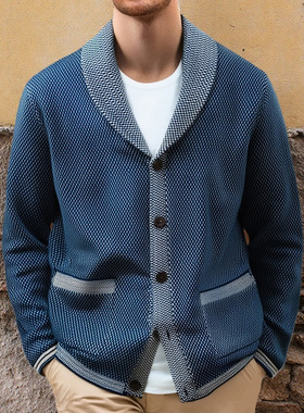 男装提花针织衫外套开衫翻领毛衣Cardigan with turned-up collar