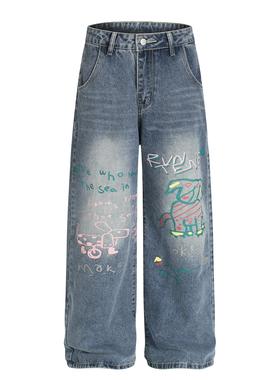 Cartoon-printed jeans 韩版女装字母艺术卡通印花青春流行牛仔裤
