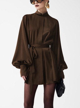 Standing collar long-sleeved dress法式高级感缎面短款连衣裙女