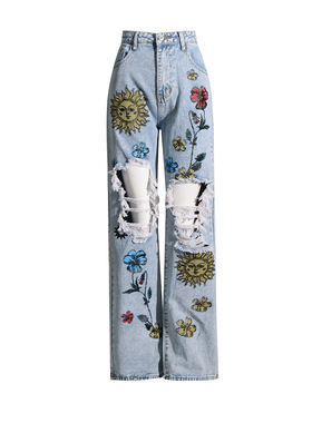 Vintage printed jeans with personality个性破洞复古印花牛仔裤