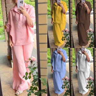 Cotton linen shirt set with loose pants 棉麻衬衫套装宽松长裤