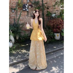 女 套装 夏日绝美多巴胺穿搭一整套纯欲挂脖背心小衫 宽松显瘦阔腿裤