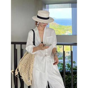 老钱风亚麻衬衫白色套装女秋慵懒宽松高端棉麻防晒衣休闲裤两件套