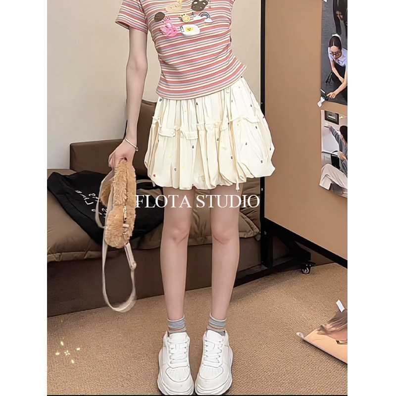 【flota】爱心刺绣奶杏色蓬蓬花苞裙a字甜美花边设计小个子裙子