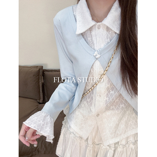 T恤女蝴蝶结上衣 小清新网纱蕾丝拼接polo领假两件长袖 flota