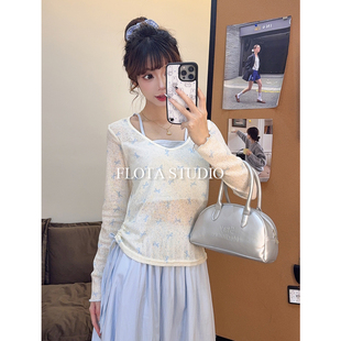 吊带假两件宽松罩衫 蝴蝶结印花长袖 绑带收腰薄上衣 flota