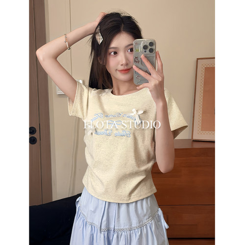【flota】甜美风蝴蝶结蕾丝插肩短袖T恤女捏褶掐腰显瘦上衣