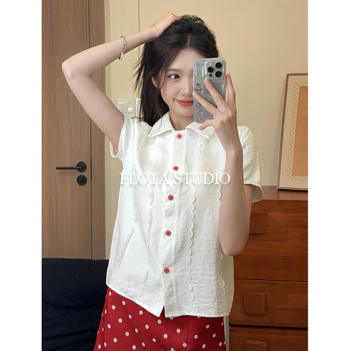 白色日系短袖衬衫女修身显瘦夏装