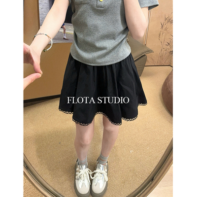 【flota】纯色镂空花边短裙松紧腰简约百搭带内衬半身短裙新款