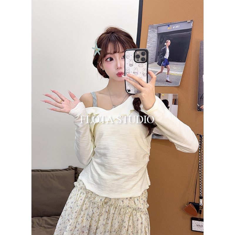 【flota】条纹斜领吊带长袖T恤女不规则荷叶边小众设计早秋上衣