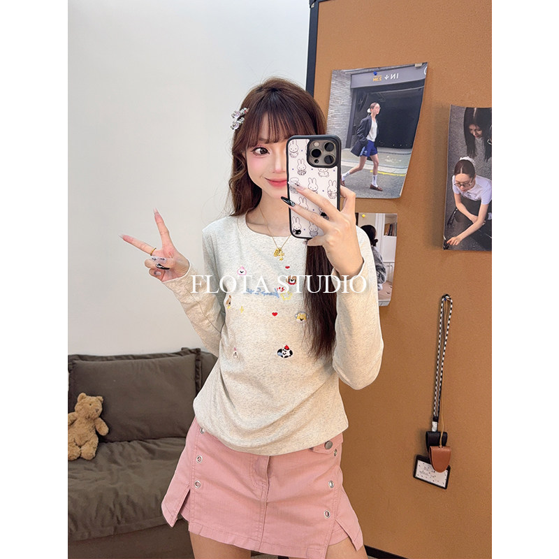【flota】学院风刺绣小猫长袖T恤女韩版修身百搭显瘦上衣
