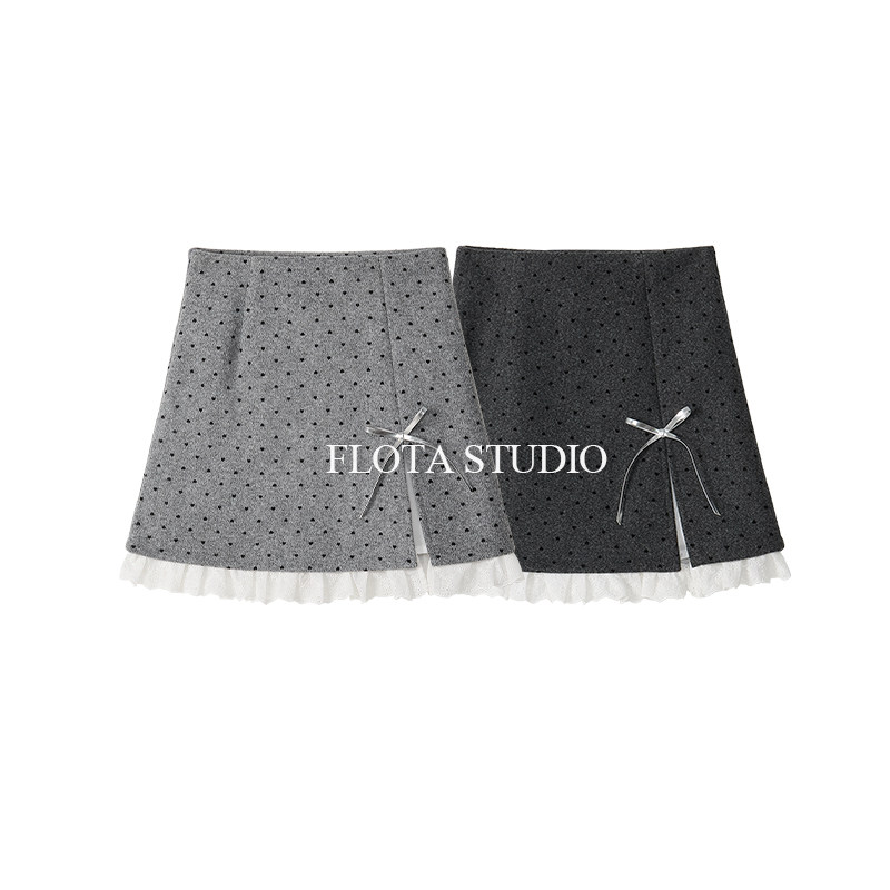 【flota】甜美风蝴蝶结蕾丝拼接毛呢a字短裙韩系波点秋冬半身裙,女装/女士精品,半身裙,淘宝优惠券,粉丝福利购,淘宝优惠卷