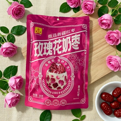 华聚200克玫瑰花夹心奶枣三层新疆去核红枣奶香溢网红休闲小零食