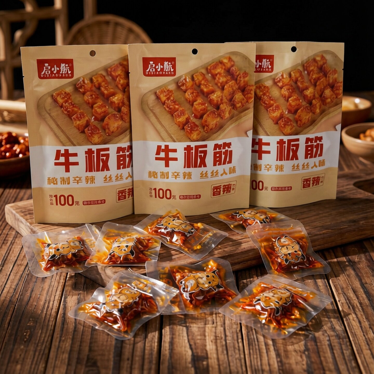 启小航即食牛板筋袋装休闲解馋追剧小零食香辣麻辣味嚼劲板筋下酒