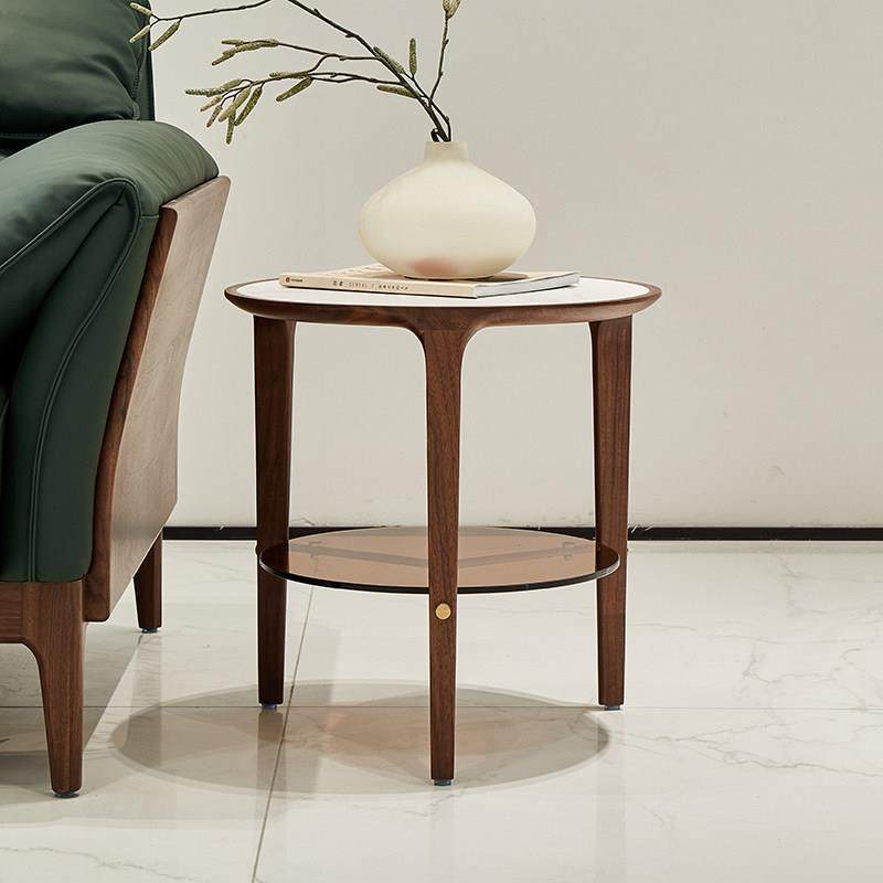 意式极简北美黑胡桃木边几岩板小圆桌圆形小茶几实木沙发桌床头桌