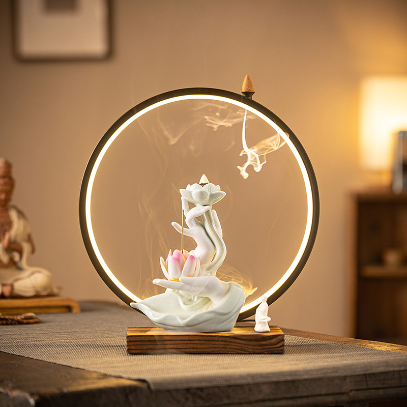 禅意灯圈佛手莲花倒流香香炉家用室内复古檀香炉熏香炉香薰炉摆件