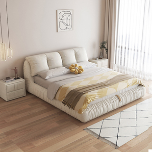 CBD布艺床奶油侘寂风简约现代2.2米大床榻榻米储物主卧婚床 科技