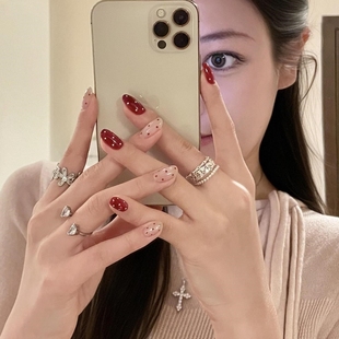 2026新款高级红棕波点纯手工穿戴甲海莉气质杏仁美甲中长款甲片