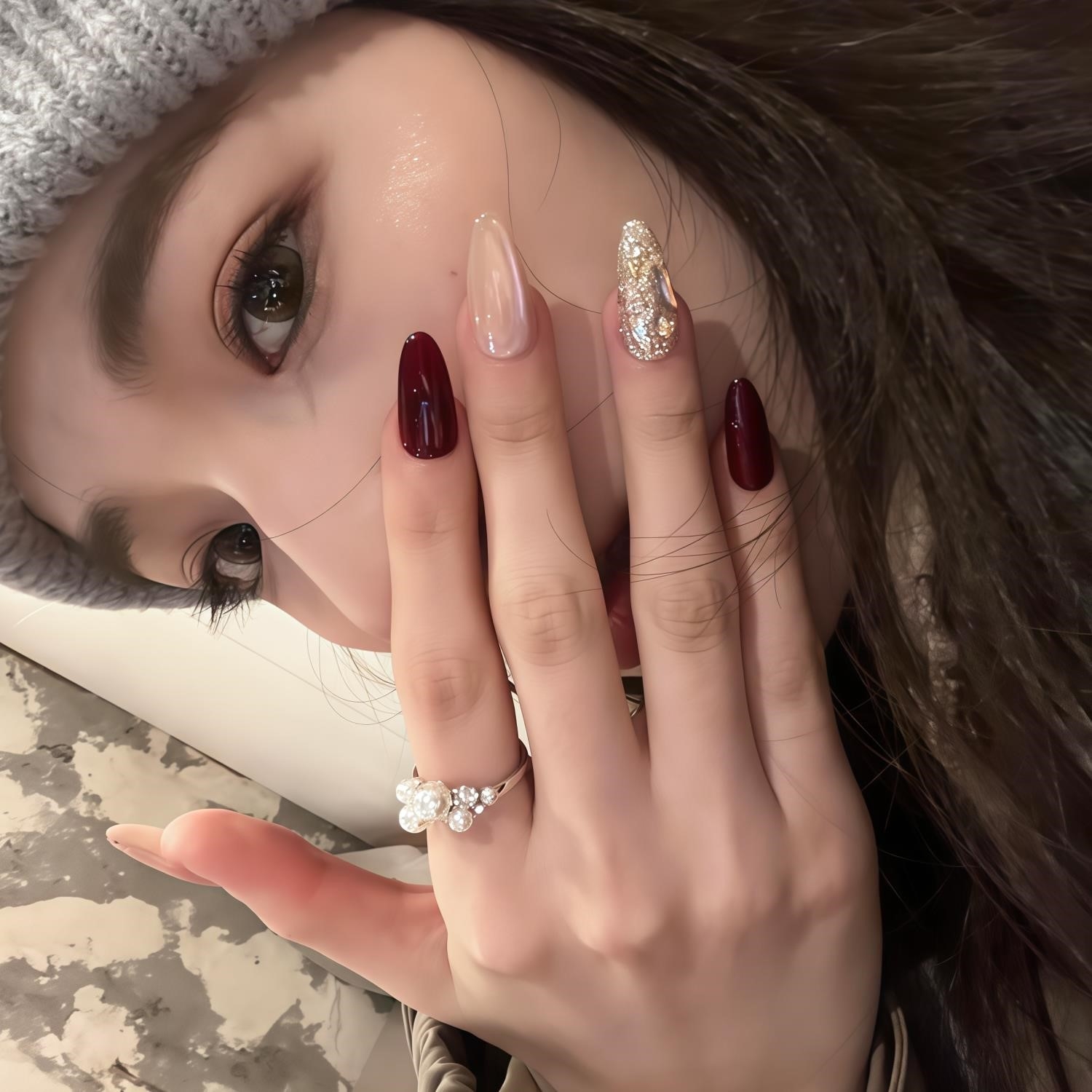 美甲穿戴甲高级复古酒红猫眼假指甲贴片气质显白纯手工定制甲片