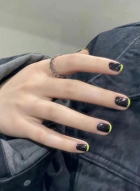 法式穿戴式黑黄色窄边撞色欧美穿戴美甲片定制可拆卸学生孕妇可用