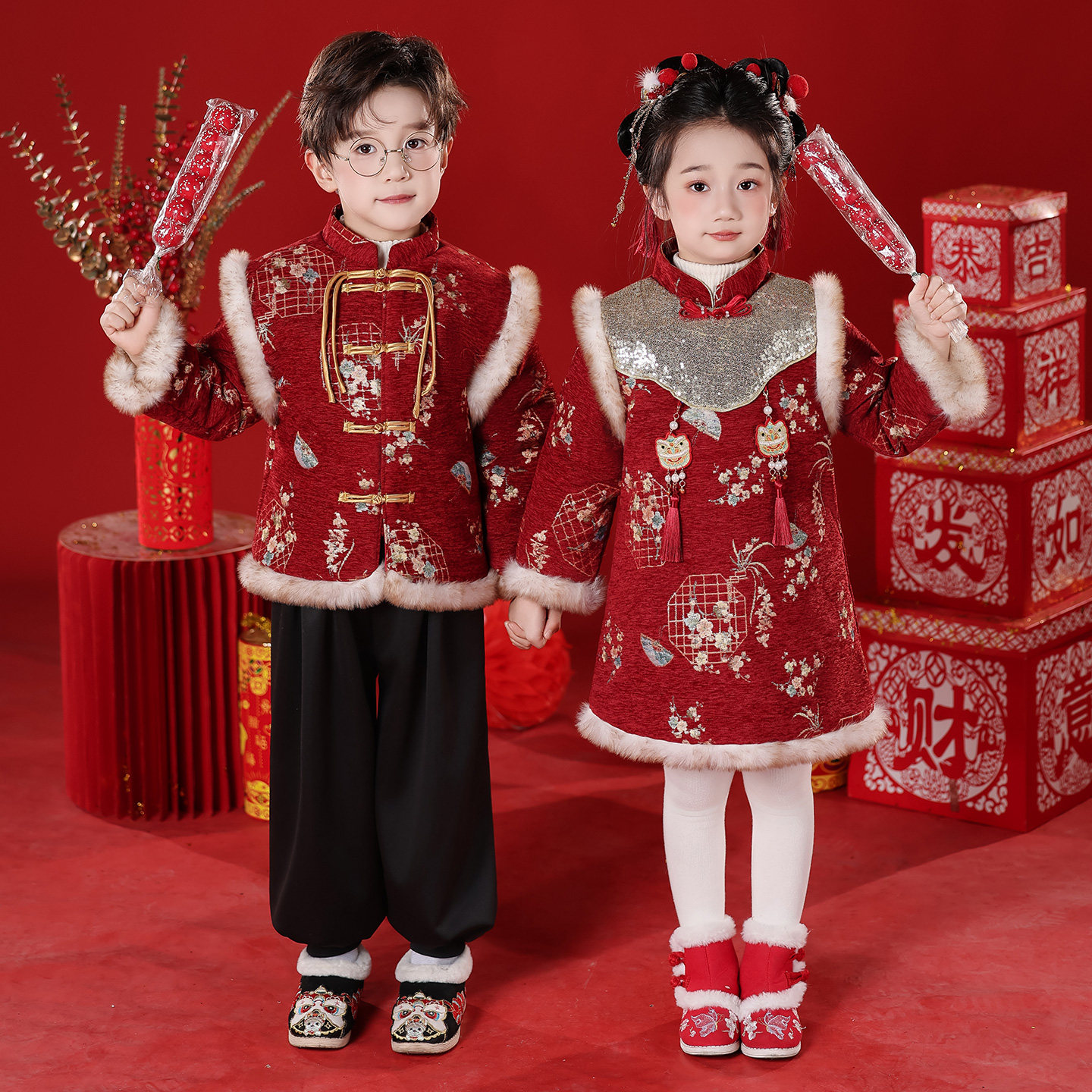 元旦儿童演出服男女童拜年服幼儿园舞蹈表演服女宝宝过年喜庆衣服