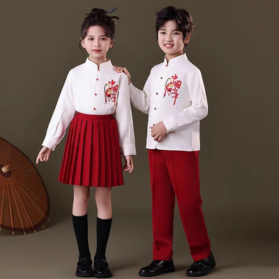 元旦儿童大合唱团演出服中国风中小学生爱国红色诗歌朗诵表演服装