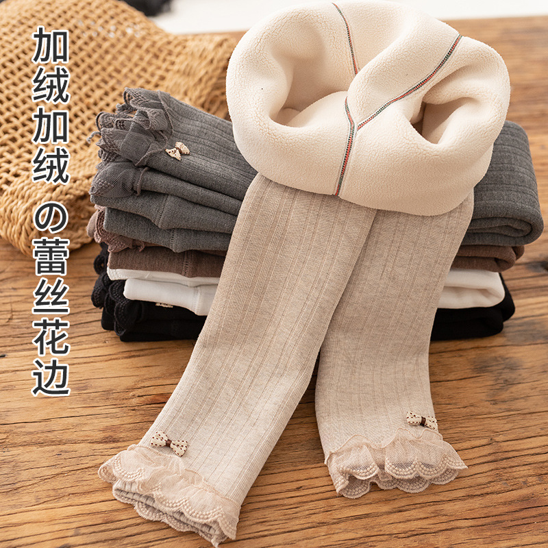 批发女童加绒加厚打底裤秋冬季外穿棉竖条纹中小童九分裤子保暖