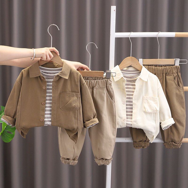 男童时尚炸街长袖三件套韩版春季春装宝贝条纹衬衫长袖套装潮