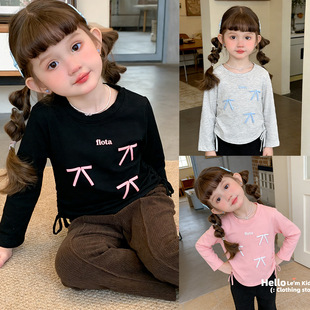 女童春秋套装蝴蝶结T恤加绒微喇叭裤子盐系宝宝长袖打底上衣童装