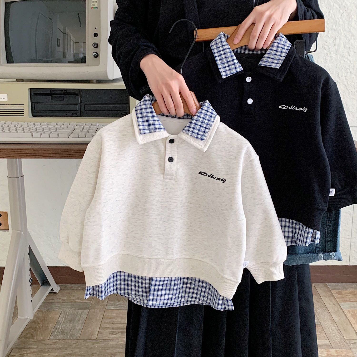 春秋男女童装卫衣宝宝洋气儿童个性潮牌假两件格子衬衫翻领polo衫