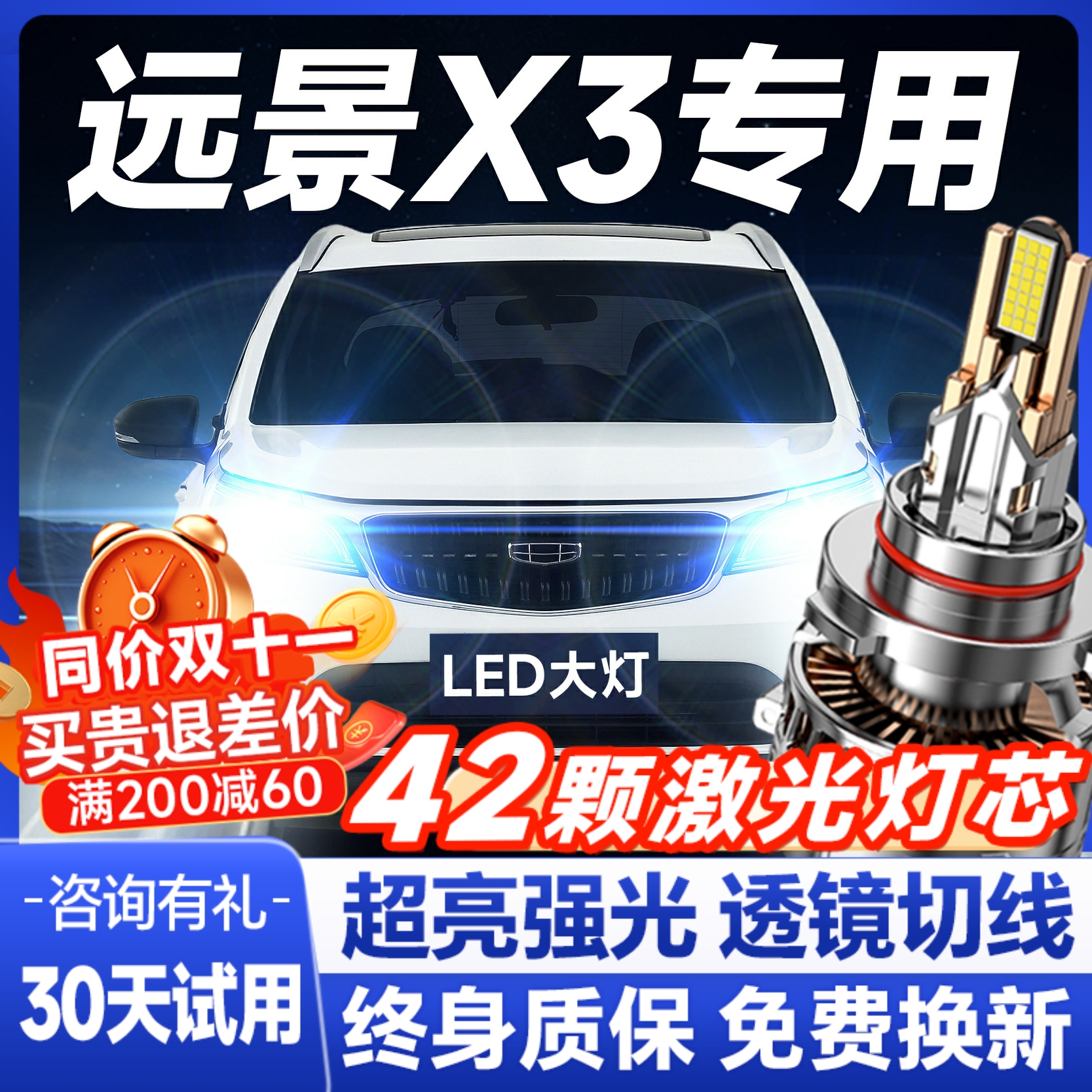 适用于17-20-21款吉利远景X3LED大灯改装近光远光Pro激光SUV灯泡