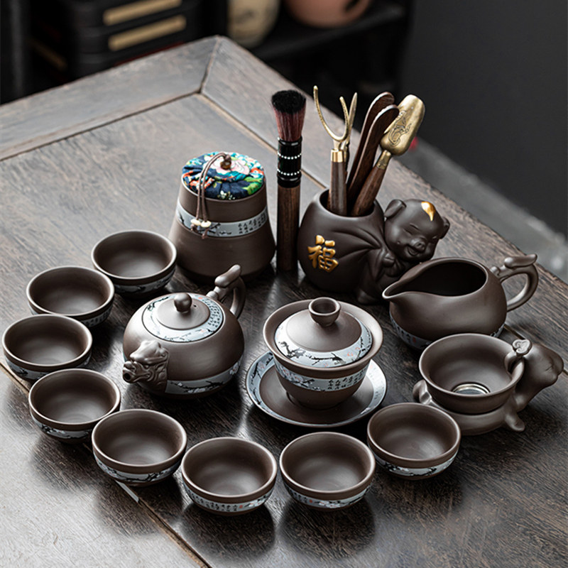 紫砂功夫茶具套组家用办公室泡茶壶复古中式会客喝茶茶杯龙壶新款