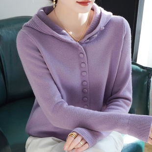 重磅加厚精纺羊毛包扣连帽休闲百搭洋气开衫 秋冬新款 外套女