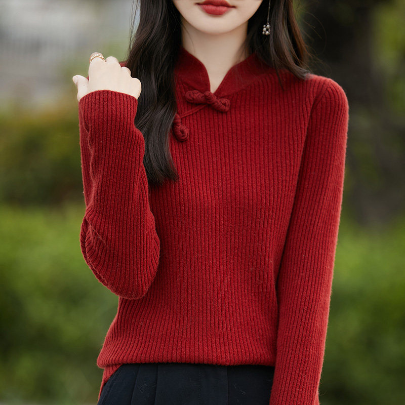 秋冬新品100纯羊毛新中式雅韵复古盘口立领打底针织上衣女