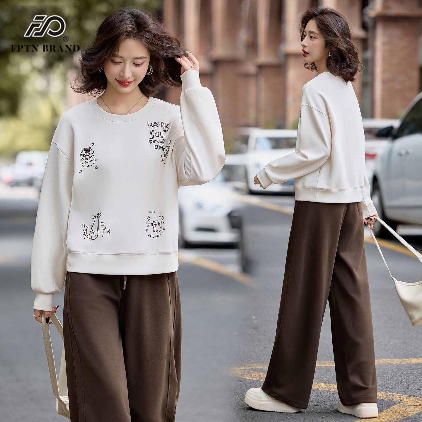 休闲运动服套装女设计感春季2026新款好看的圆领卫衣直筒裤两件套