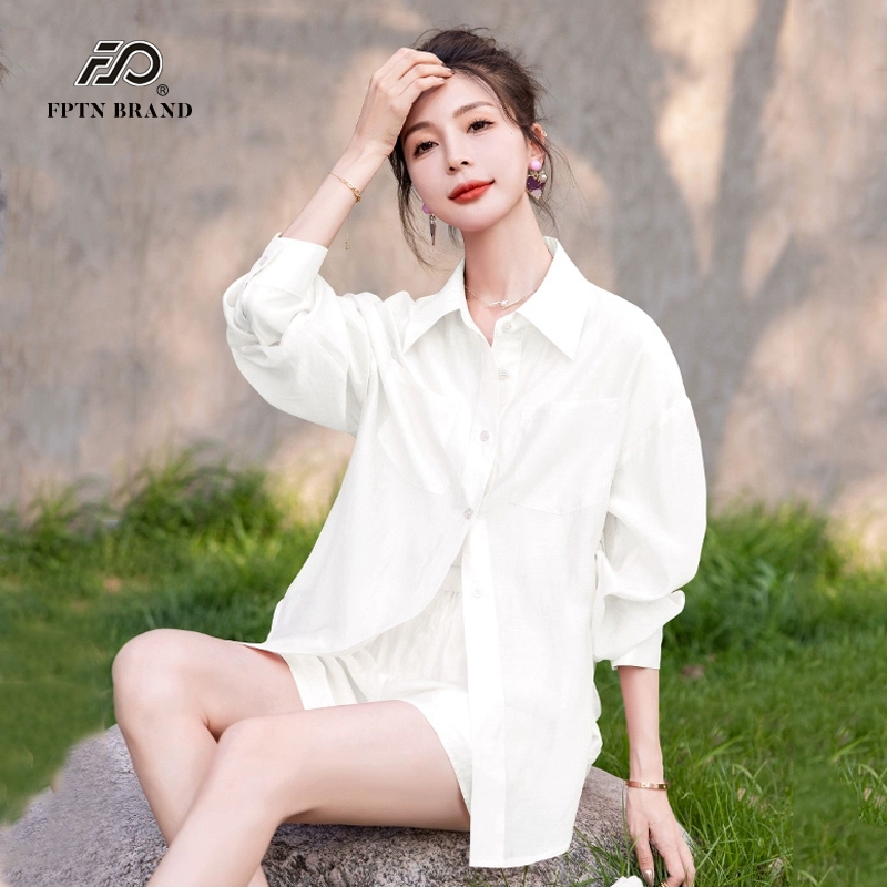 时尚防晒衬衫套装女夏季小个子气质天丝短裤长袖衬衫衣休闲三件套